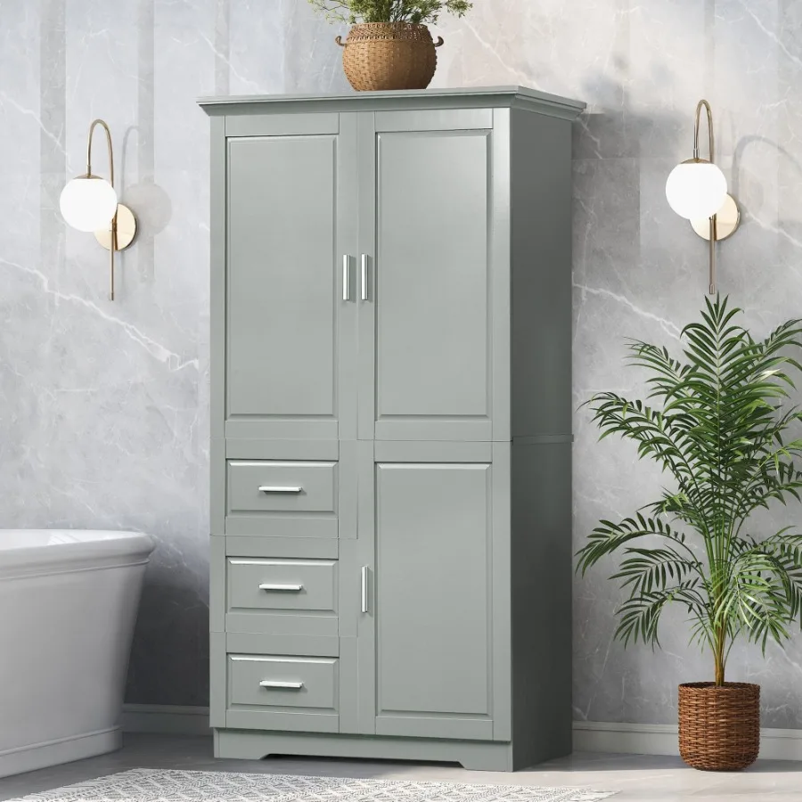 

Tall and Wide Storage Cabinet with Doors for Bathroom Office Three Drawers Grey