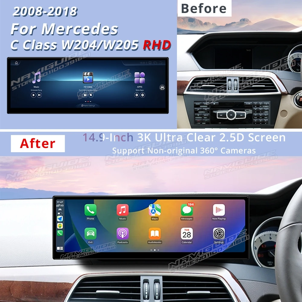 NAVIGUIDE 14.9'' Carplay Auto Car Multimedia Player For Mercedes C Class W204 W205 RHD 2008-2018 Android 13 GPS Navi BT Headunit