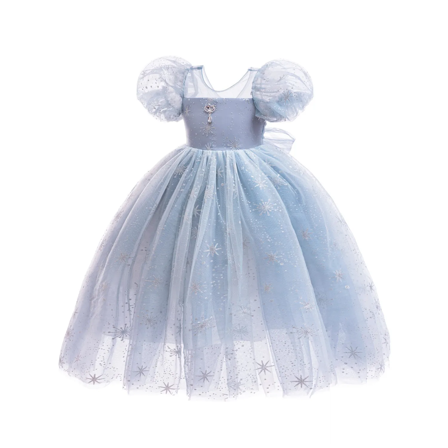 Elsa Inspired Princess Dress for Girls Blue Tulle Gown with Puff Sleeves Snowflake Print Birthday Party Costume with Accessories