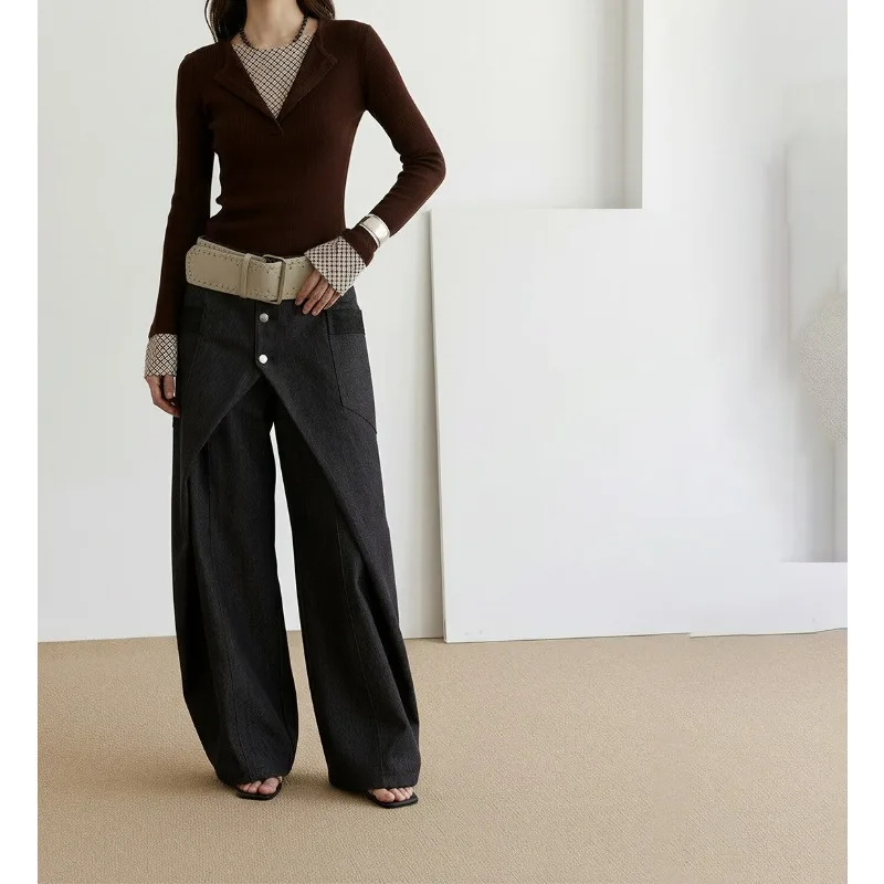 

Women's Fake Two-piece Open-button Long-sleeved 25 Autumn Fashionable V-neck Buckle Color Plaid Fake Two-piece Bottom T-shirt