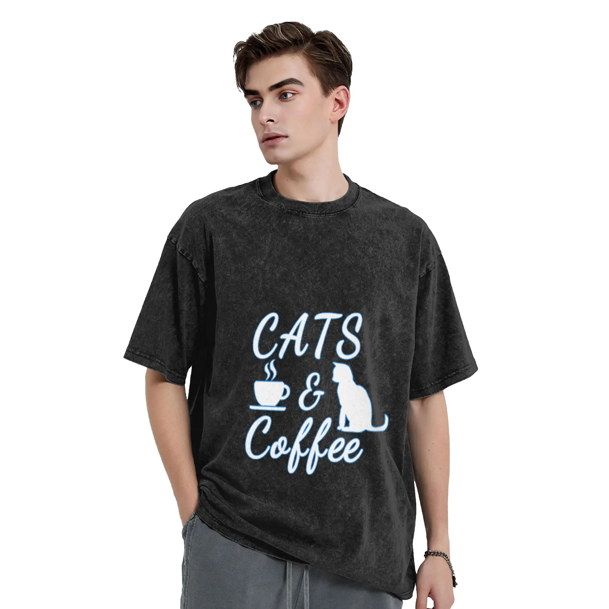Cats   Coffee - Fun slogan showing the important things in life  Unique Cool A Washed T Shirt Men's Oversized Cotton Tees Tops