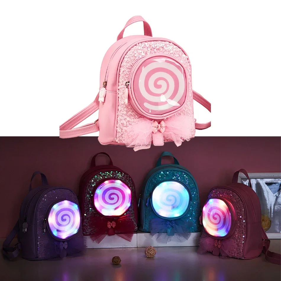 Cute Girls Lollipop Glowing Backpack Kids Candy Design LED Light Fashionable Children's Backpack Suitable for Girls As Gifts