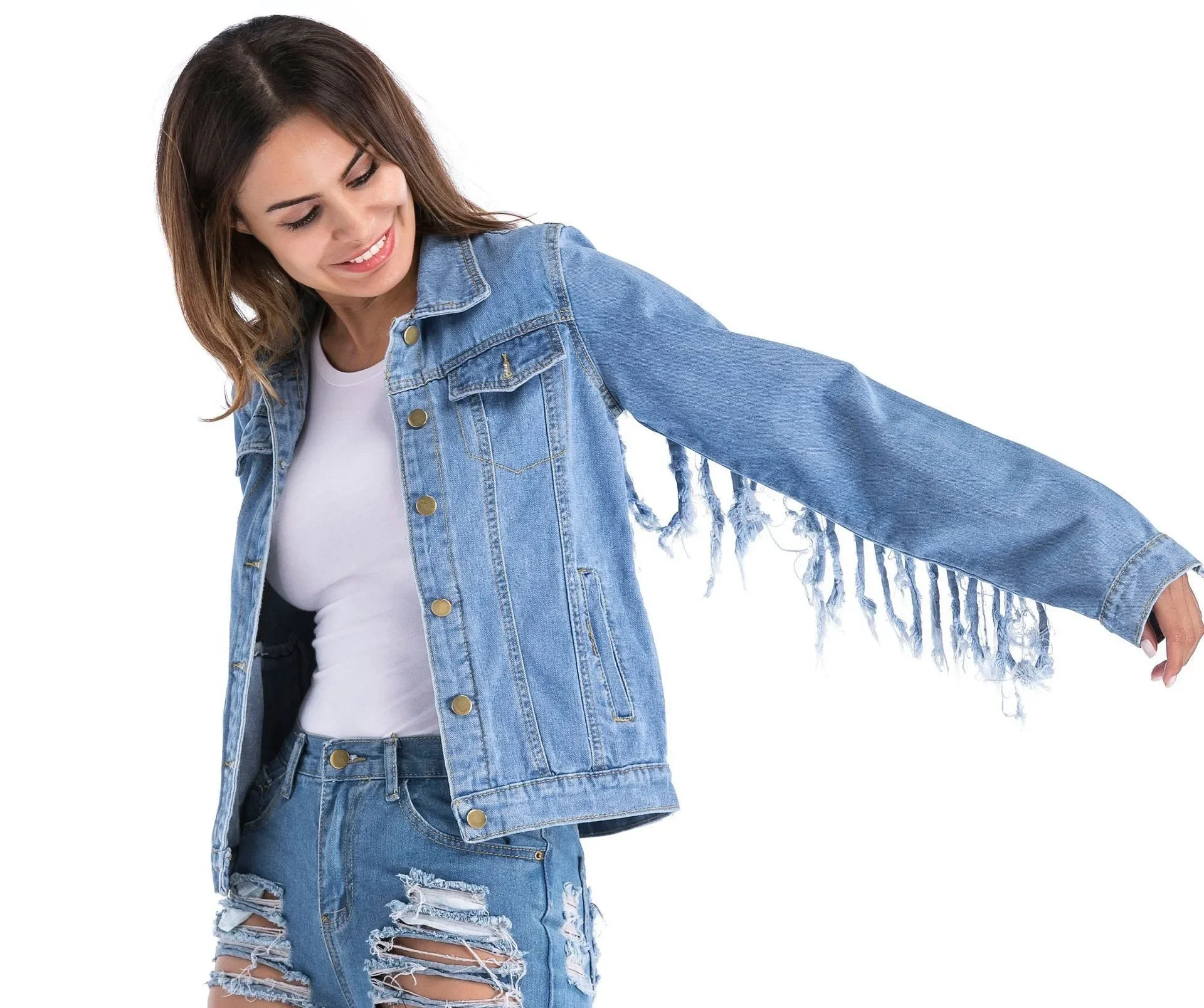 Back Sleeves Tassel Denim Jacket Coat 2024 Autumn New Jaquetas Blue Jean Jacket Woman