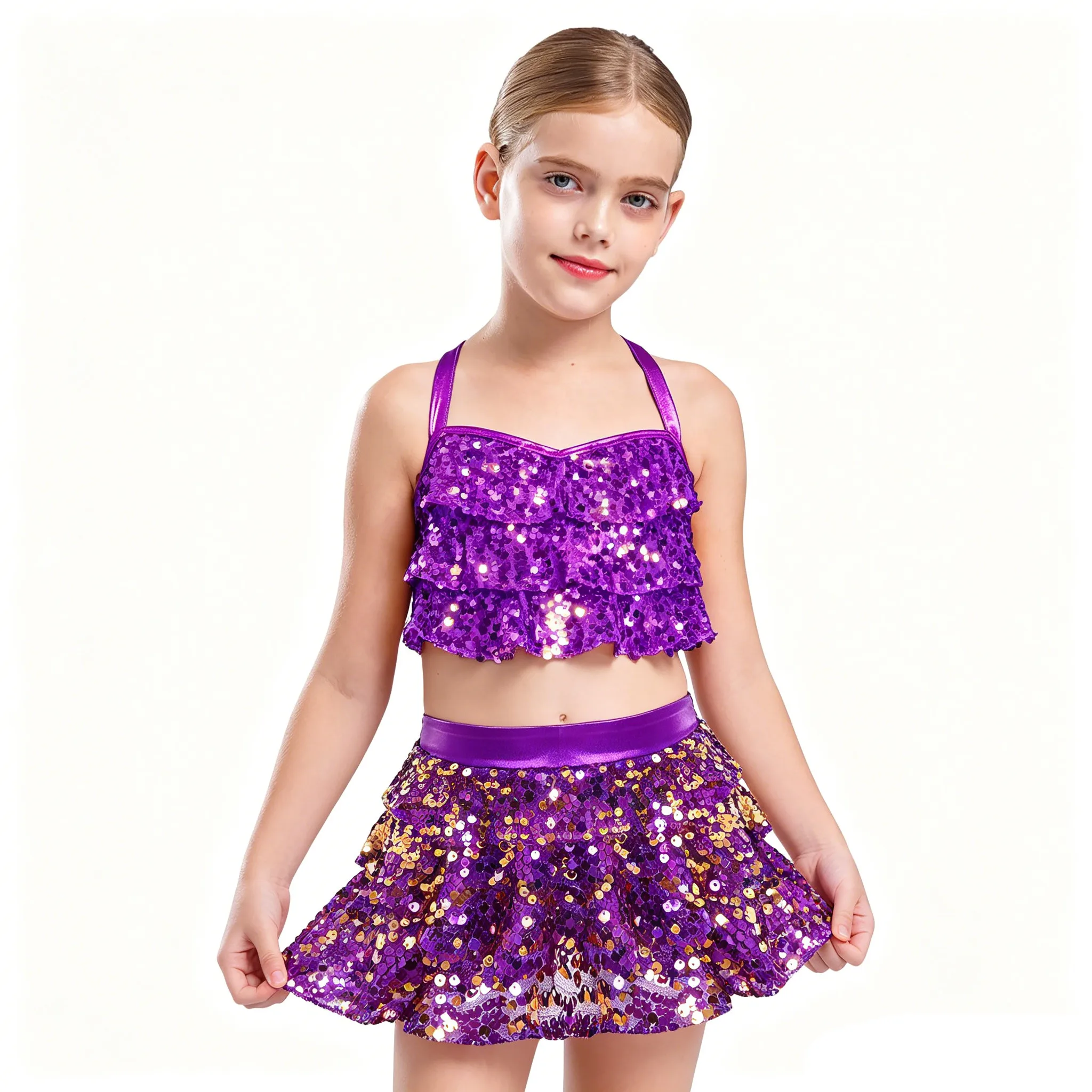 Kids Girls Jazz Dance Outfit Metallic Tiered Ruffles Sequin Crop Top with Culottes Cheerleading Performance Costume Dancewear