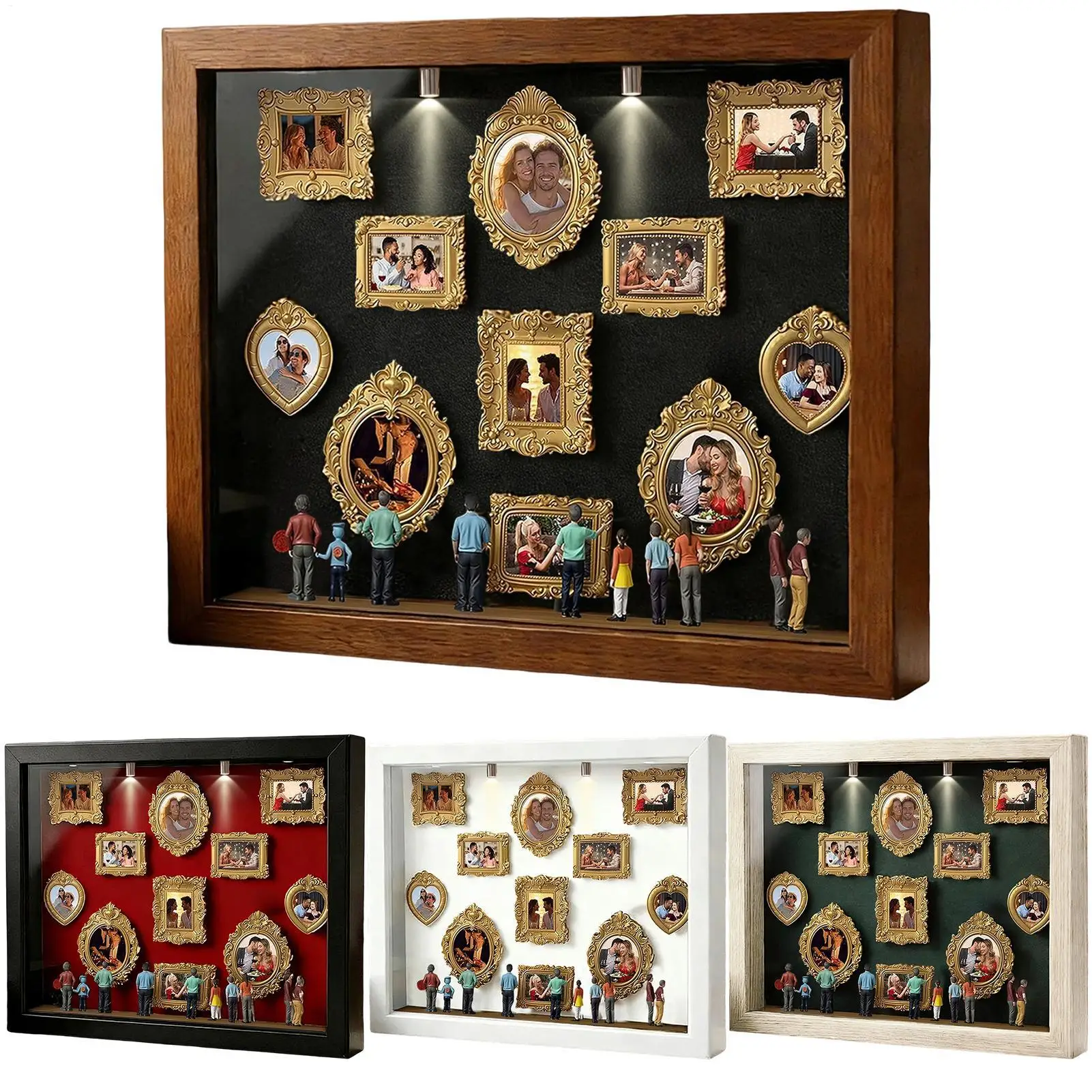 Mini Museum Silhouette Box Memory Photo Display Case with LED Light 11 Pieces Miniature Desk Picture Frame with 8 Figurines