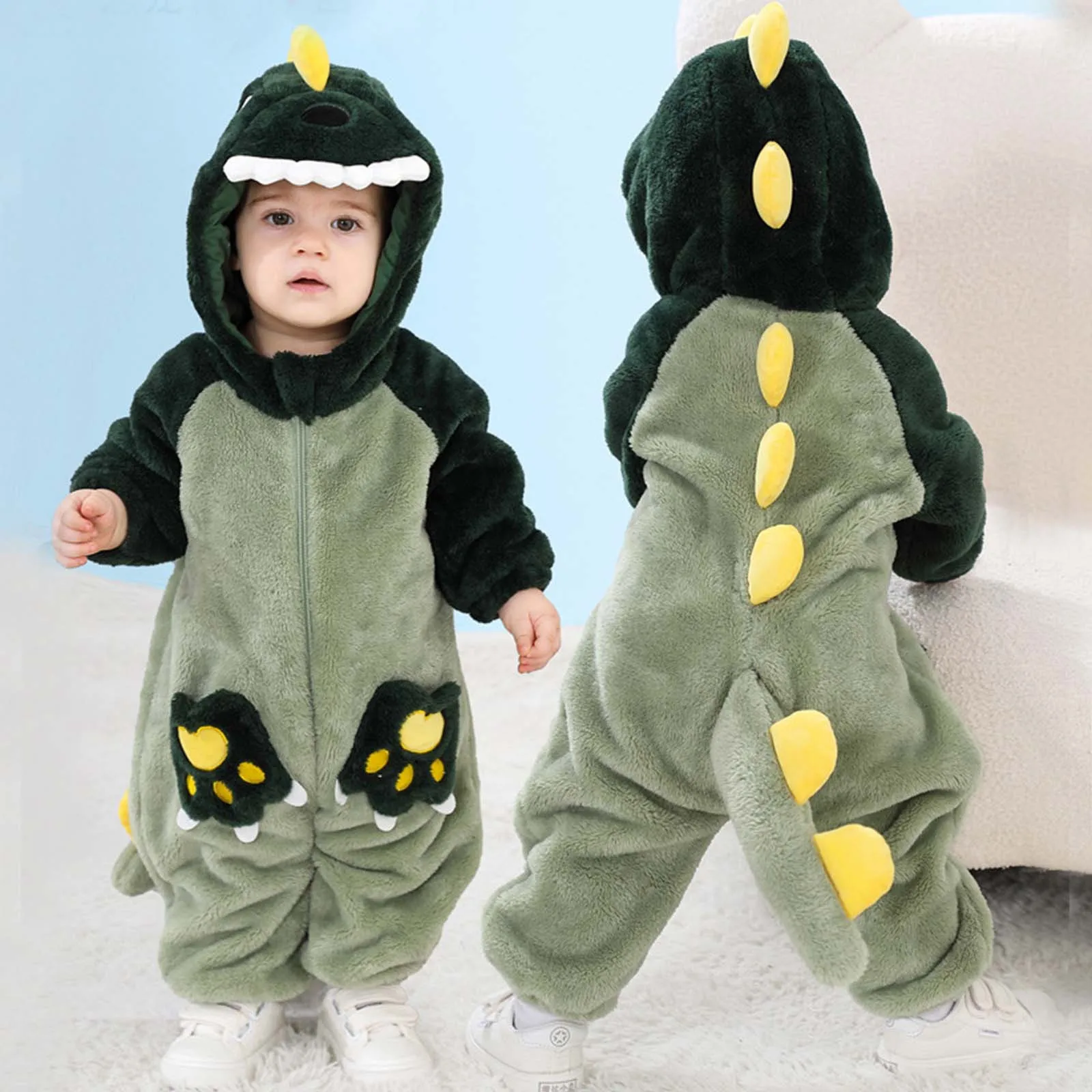 Lovely Dinosaur Newborn Baby Girl Clothes Bodysuit Plush Soft Warm Toddler Jumpsuit Halloween Kid Infant Pajamas Overalls Zipper