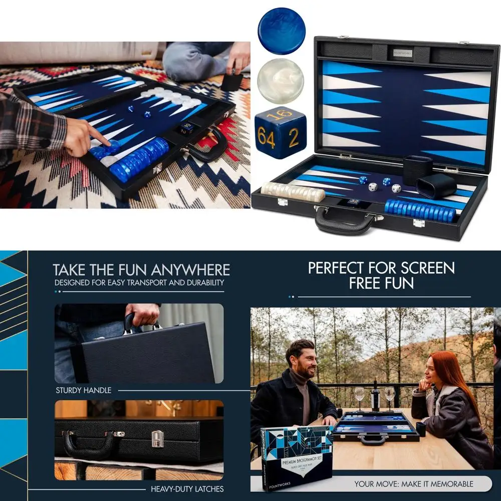 

Elegant 19 Black Leather Backgammon Set with Blue Accents, 1.6 Checkers & Dice, Portable Adult Game