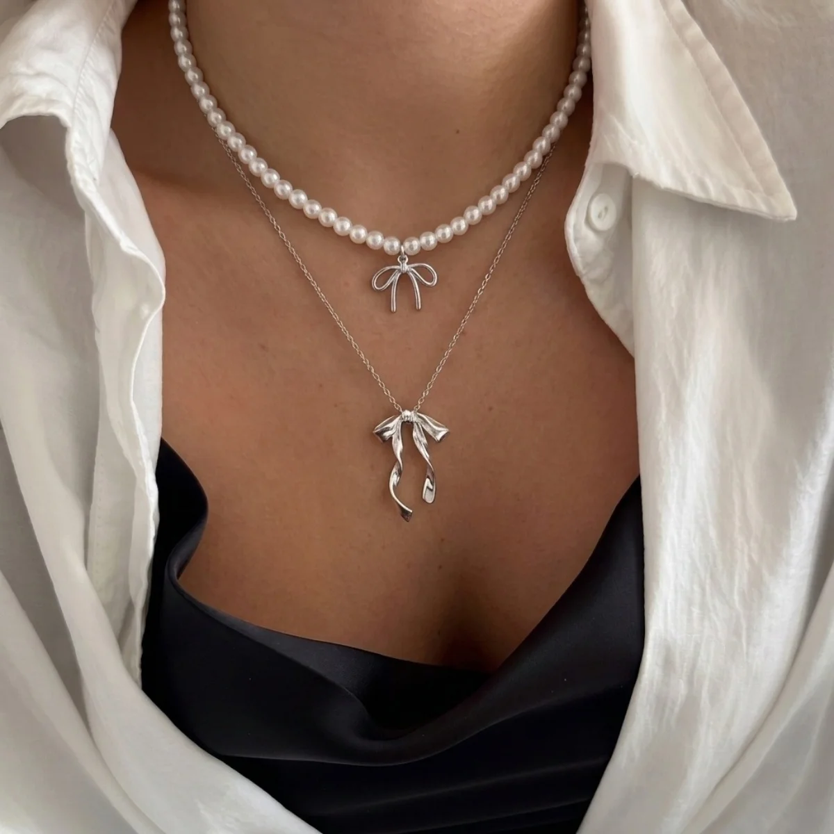 Süßer, cooler Stil Metallband-Schleife mit simulierten Perlenkette für Frauen, zierliche elegante Twist-Schleife Choker, ästhetischer Schmuck – Detail 4