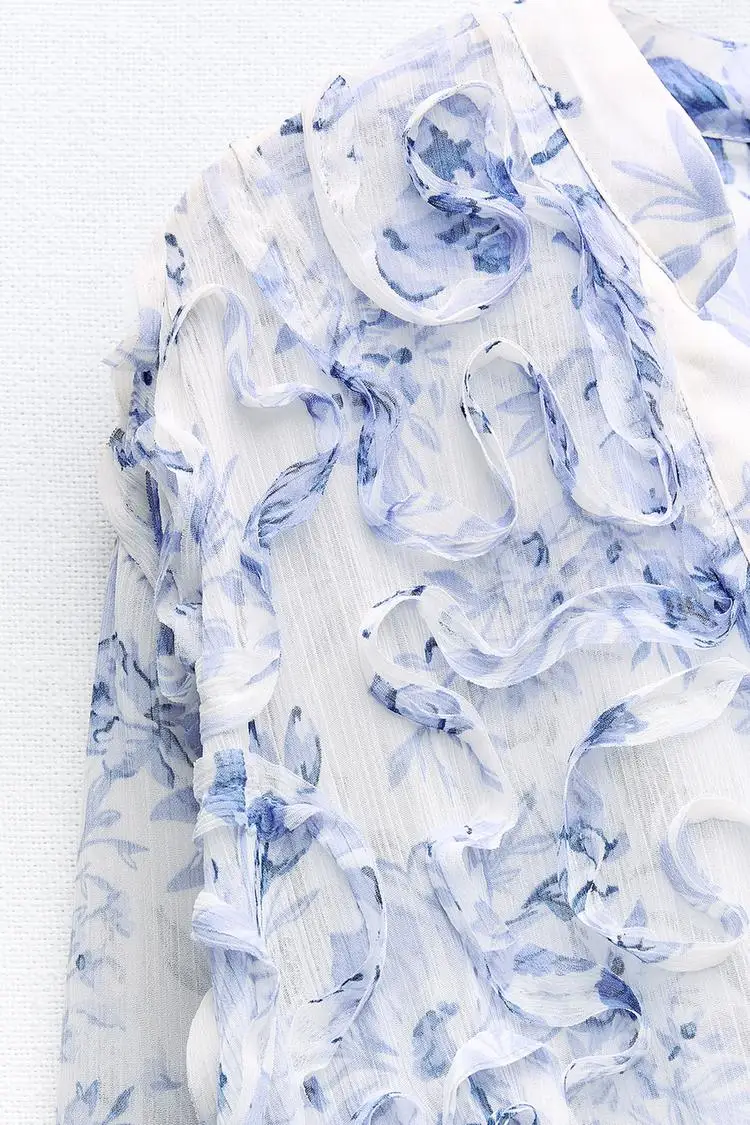 Spring Summer New Sle Vaion Print Long Sve V-Ne Belted Layered Decorative Dr High Waist Lantern Sve Maxi Dr