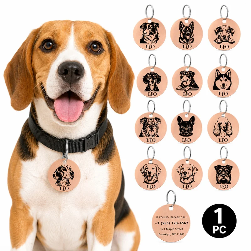 12 dog breed patterns including Beagle, Golden Retriever, Labrador and more for selection. Custom name information available.