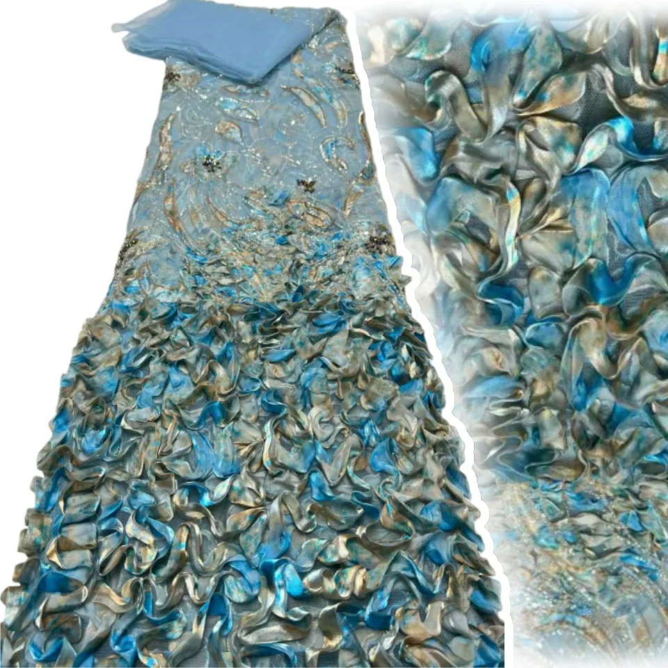 

5 ярдов, высококачественная африканская нигерийская элегантная 3D вышитая ткань, французская тюлевая кружевная ткань с блестками для свадебной вечеринки T1631