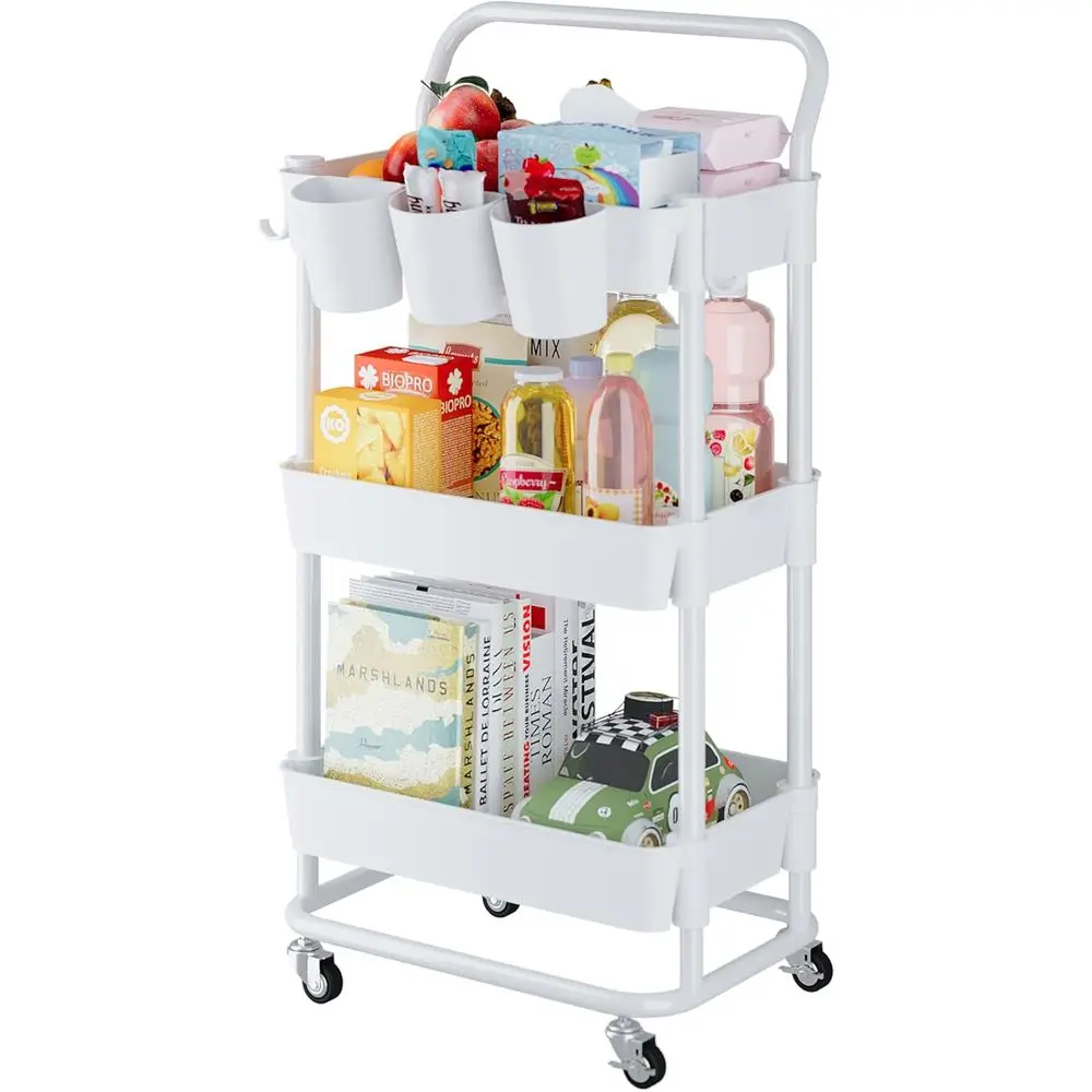 

3-Tier Rolling Utility Cart, Storage Cart with Handle Multi-pose and Locking Wheels,with Hanging Basket and Hook or Oice, Kitche
