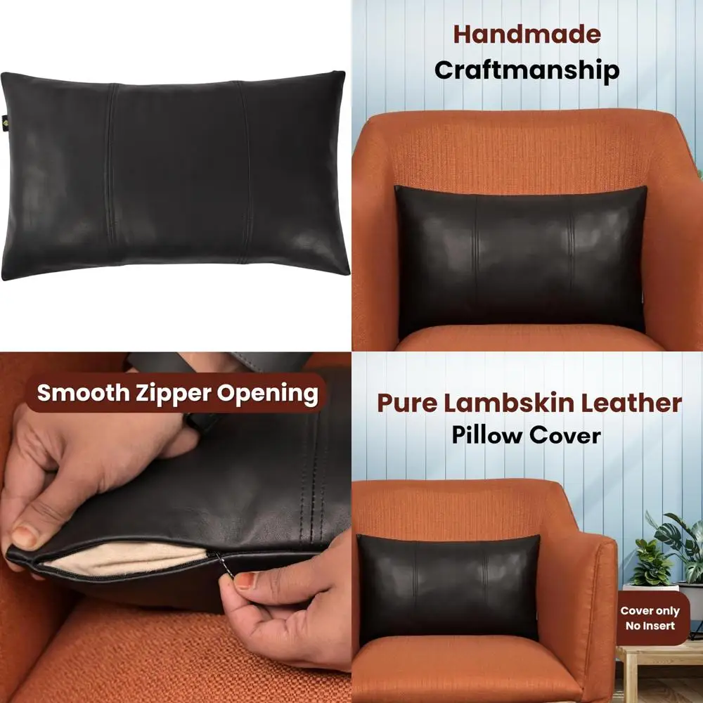 

100% Genuine Lambskin Leather Pillow Cover, 12x20 Inch, Hand-Stitched with Hidden Zipper, Decorative Throw Pillow Case