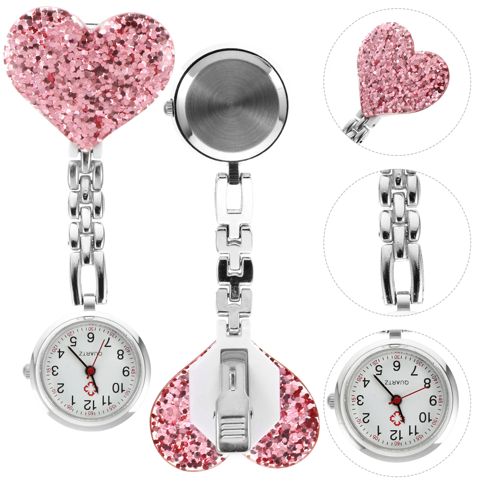 3pcs Love Heart Nurse Hanging Watch Clip-On Nursing Pocket Watch For Women Students Healthcare Workers Alloy Quartz