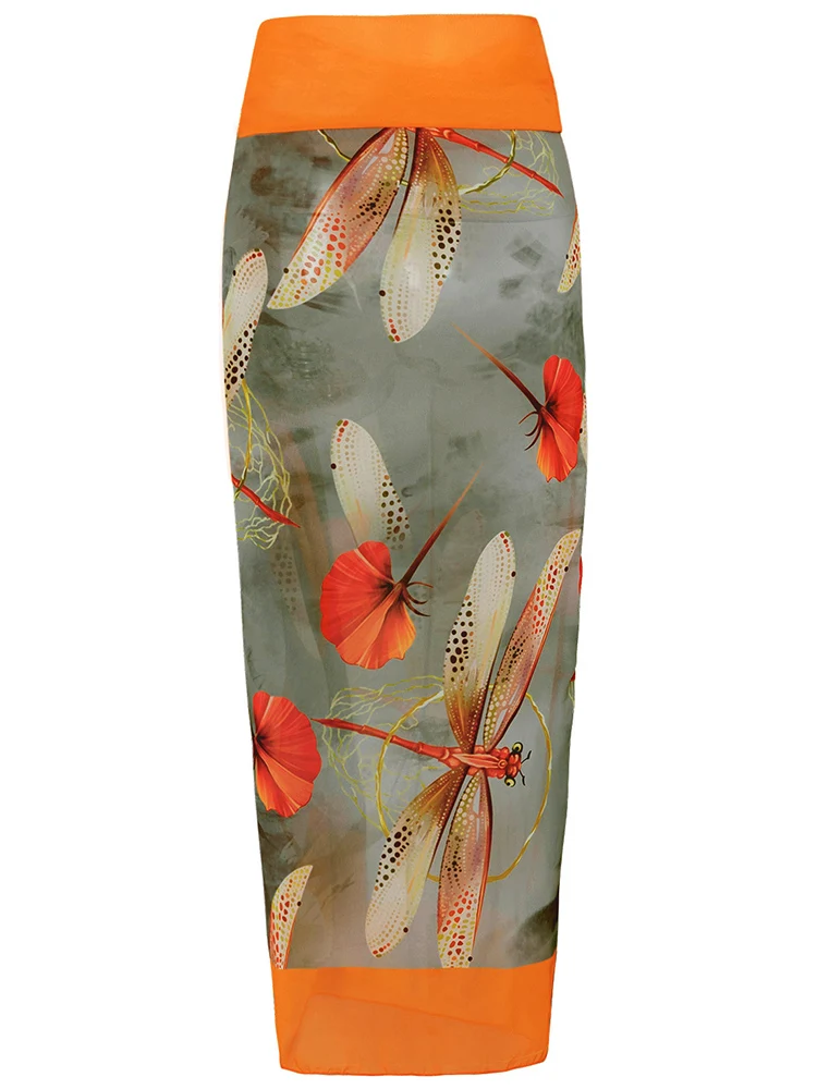 Maiô feminino de uma peça com posicionamento de libélula + saia longa com gravata estampada em chiffon