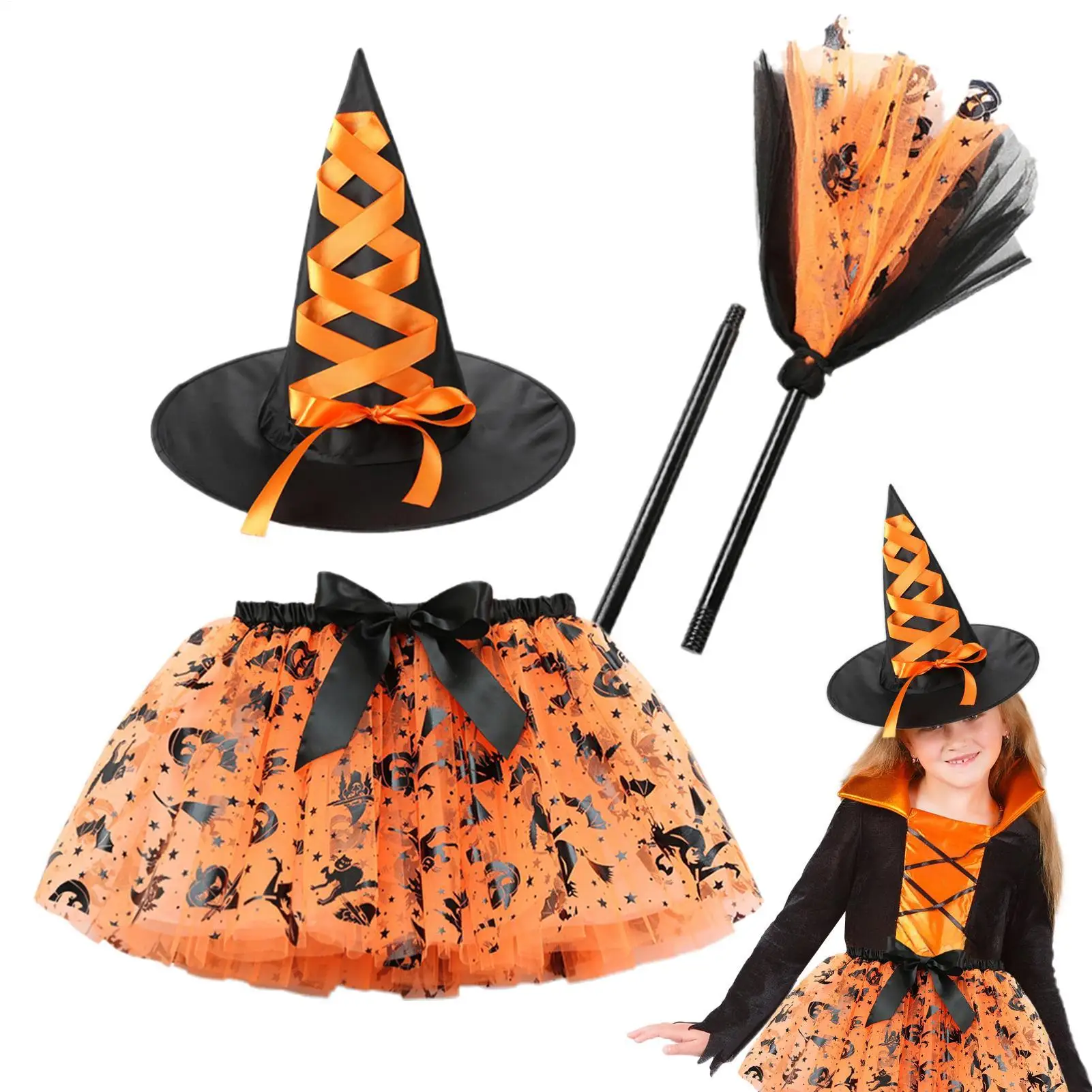 Halloween Girl Skirt Halloween Kids Witch Costume Dress Set Breathable Clothes Party Supplies for Dress up Events Birthday
