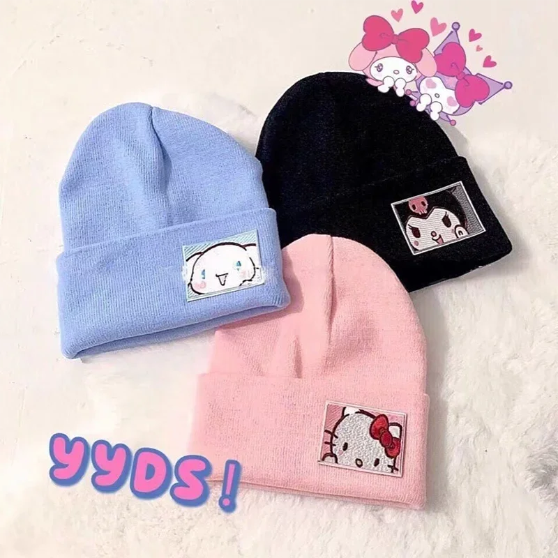 Sanrio Hello Kitty Winter Warm Knit Hat Cute Kuromi Winter Knitted Cap Cartoon Soft Comfortable Ski Cycling Cap Hat Girls Gifts