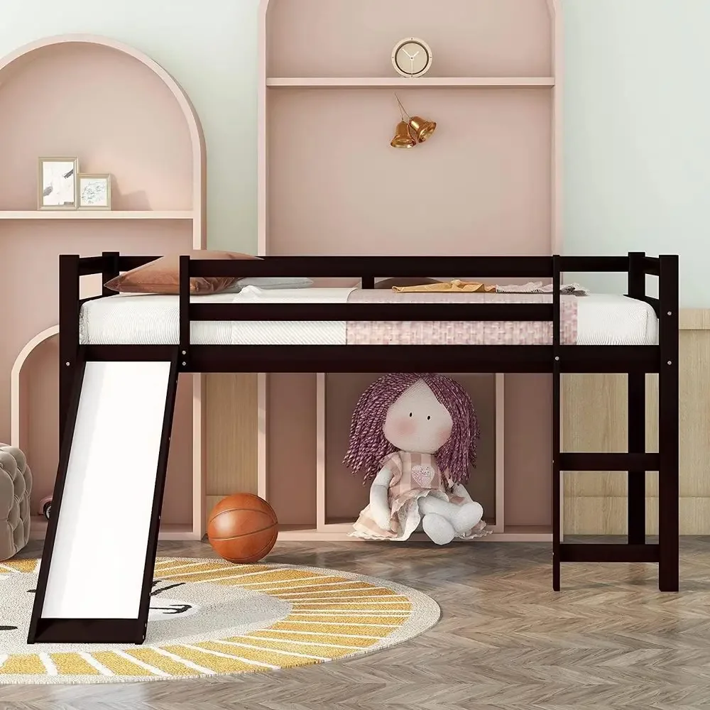 

Twin Size Low Loft Bed with Slide, Ladder, and Guard Rails for Kids, Solid Pine Wood, No Box Spring Needed