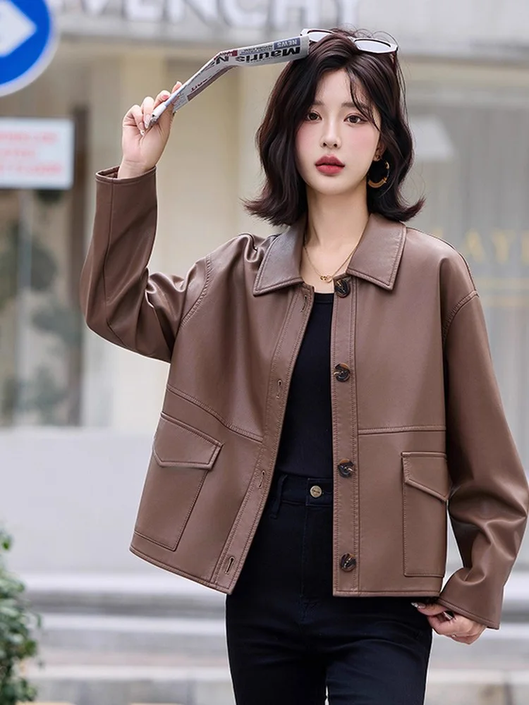 Nuovo Donne Primavera Autunno Pelle spaccata Giacca Moda Colletto risvoltato Monopetto Allentato Cappotto di pelle Casual Giacca femminile