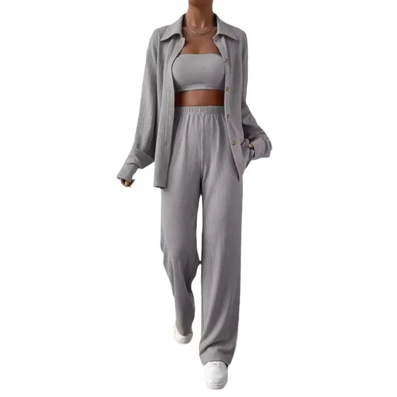 

Women Two Piece Set 2025 New Arrival Solid Color Button Down Cardigan Unisex Casual Fashion 2 Piece Set For Spring & Autumn