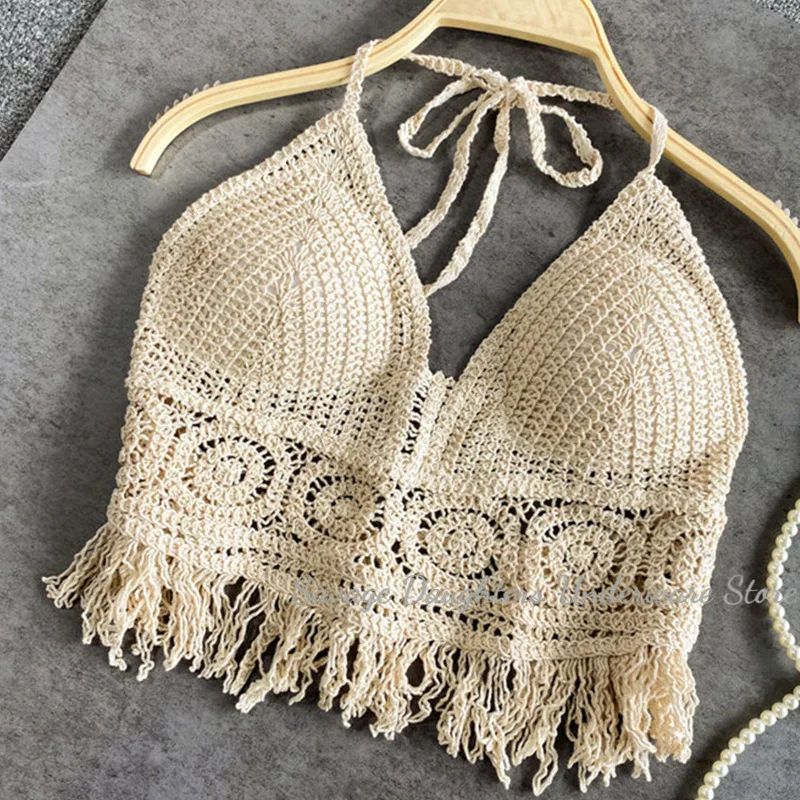 

2026 Sexy Hollow Out Underwear Women Summer Beach Short Tank Top Women Sweet Knitted Bra Tassel Women Short Top Debardeur Femme