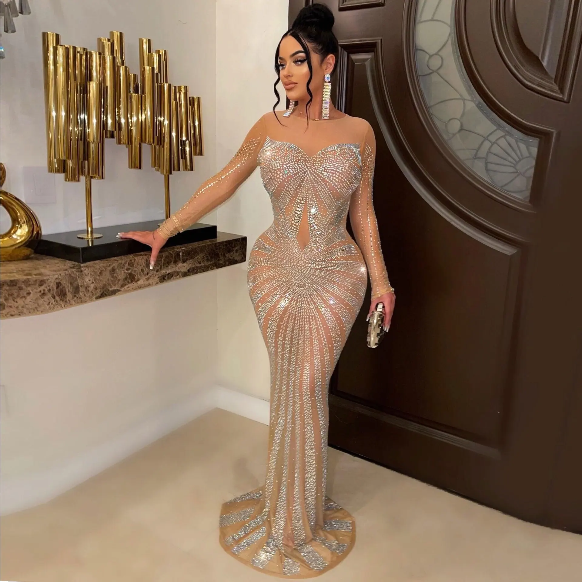 Sexy Rhinestone Crystal Mesh See Through Maxi Dress New Women Long Sleeve Birthday Night Clubwear Long Dress Wedding Party Dress