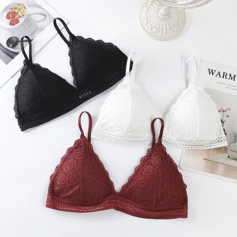 3PCS Sexy Deep V Lace Bras Korean Breathable Cutout Underwear Adjustable Strap French Triangle Cup Underwire Lingerie M-XL