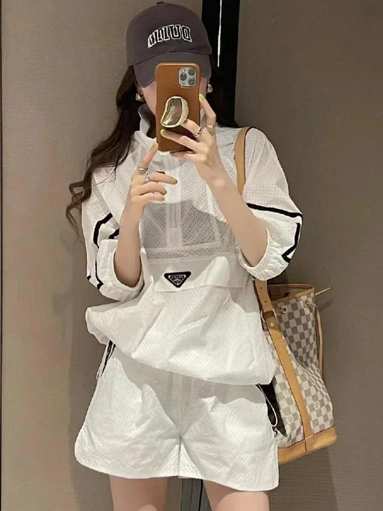 Fashion 2Pcs Oversize Women Sweat Suit Set Thin Long Sleeve 2023 New Sunscreen Coat Top and Shorts Two Piece Set White Outfits