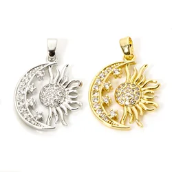 2pcs Brass Charms Multicolor Galaxy Half Moon Sun Micro Pave Clear Cubic Zirconia Pendants DIY Necklace Jewelry 25mm x 17.5mm