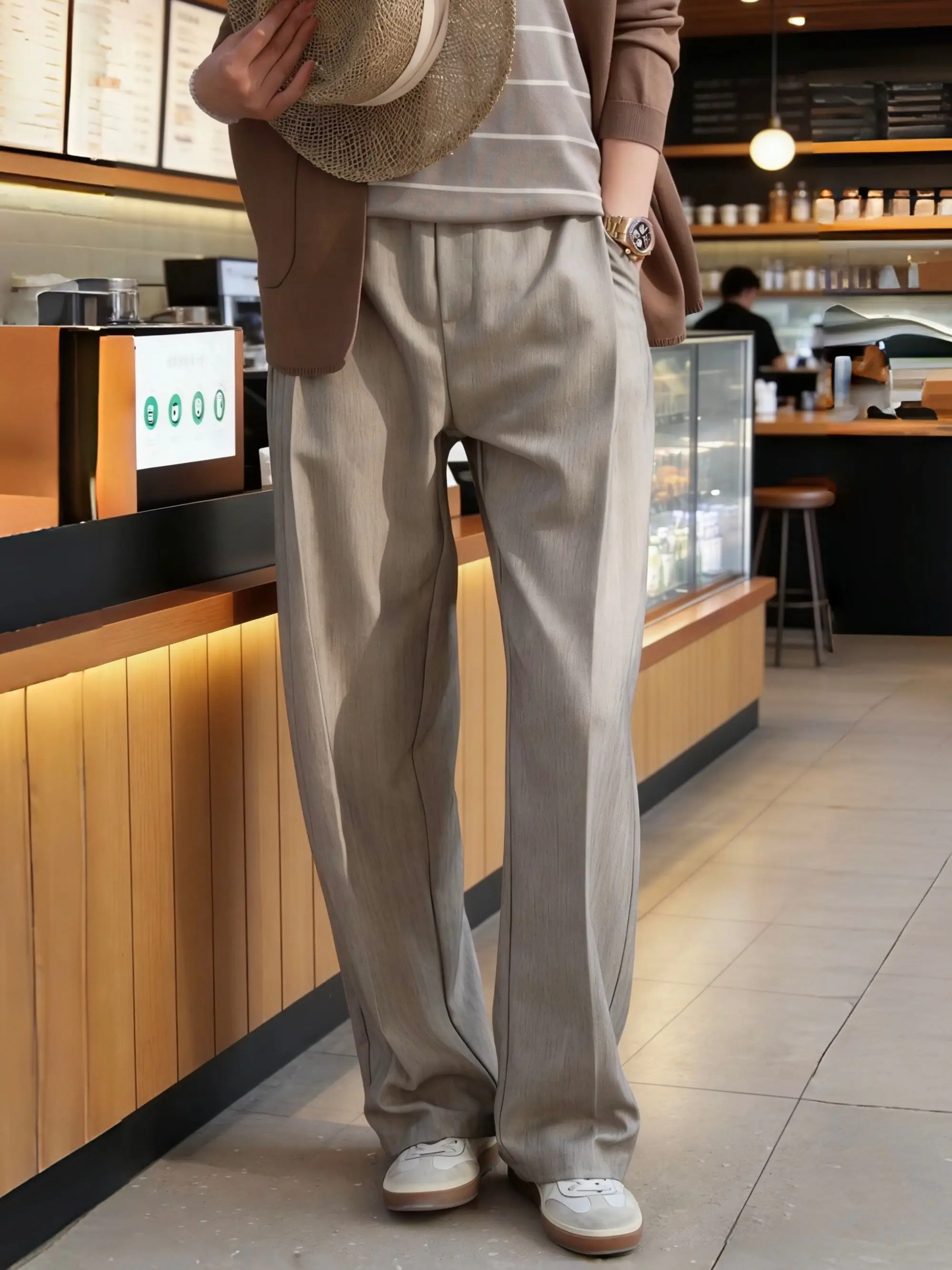 Spring Summer New Men's Straight Leg  Casual Pants Sliver Smooth Wide Leg Pants Breathable Comfortable Pure Color