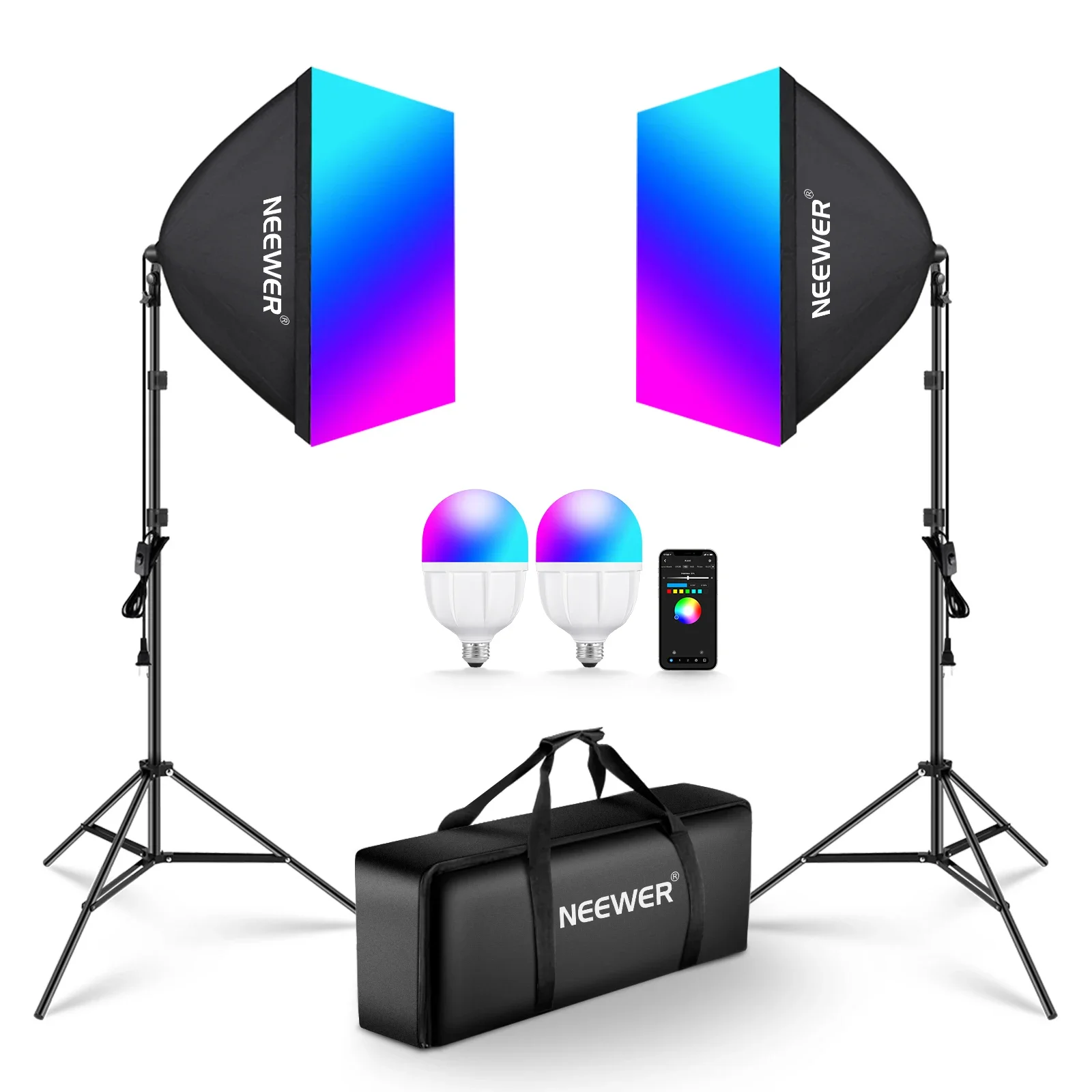 

NEEWER RGB Softbox Lighting Kit With App Control & 9 Effect Modes, 2 Pack 26W FCC/IC/UL Certified LED Bulbs CRI93+ TLCI98+,