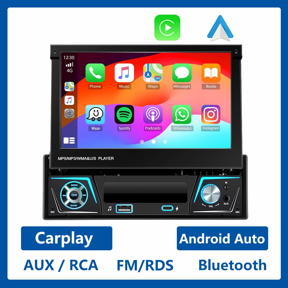 1 Din Autoradio Android 13 7-inch Carplay Android Auto Intrekbaar scherm Universele auto Multimedia Videospeler GPS WIFI FM BT