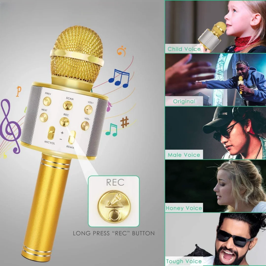 Golden Kids Karaoke Microphone Rechargeable Bluetooth Speaker with Microphone Portable Voice Changer Wireless Mic for Children