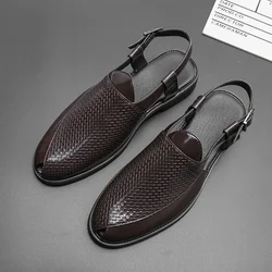 Sandals for Men Brown Black Pu Buckle Strap Classics Casual Handmade Fashion Men Dress Shoes