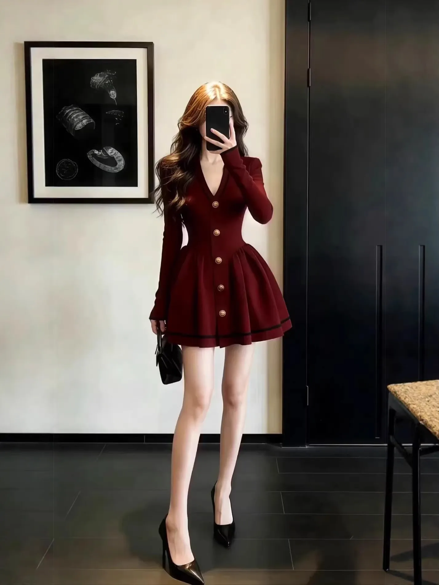 

Syj ujia New Year's War Dr V-ne A-line ort Skirt Slimming Waist High Waist Knitted Sexy Asymmetrical Long Sve D...