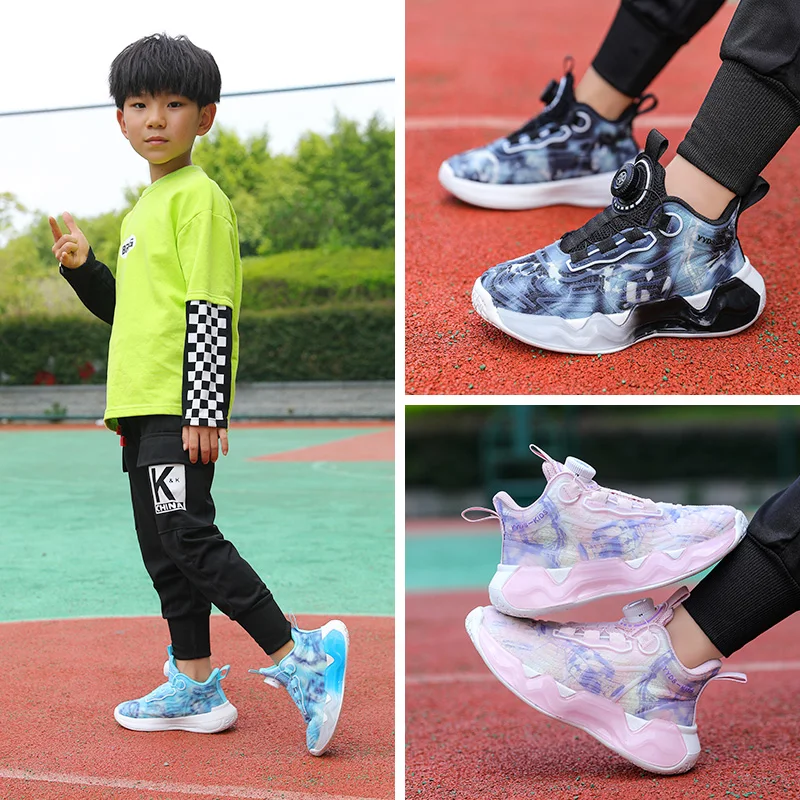 Boy Rotating Buckle Basketball Shoes Children's  Sneakers Boys Shoes Cuhk Run Button Shoe Sneakers Breathable Mesh Running Shoes