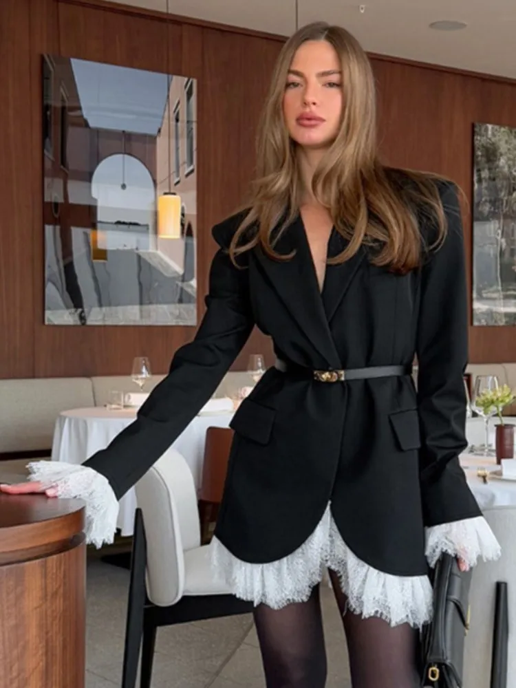 

New Fashion Elegant Women Lace Patchwork Long Sleeve Blazers, Vintage Office Lady Slim Fit Suit Jacket Coat, Women Fall Clothes