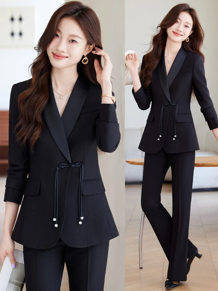 

New Chinese Style Button up Suit Jacket Women's Spring Autumn Commute Professional Pants Set Slim Fit Polyester Blend