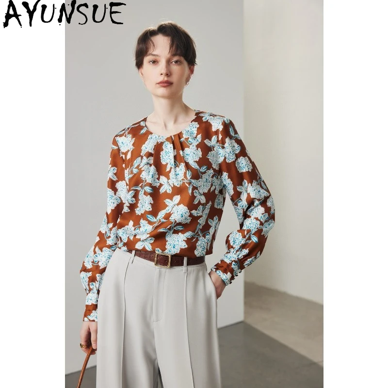 

AYUNSUE 100% Mulberry Silk Blouse for Woman Elegant Top New Office Woman Clothing Long Sleeve Clothing for Woman Blusas De Mujer