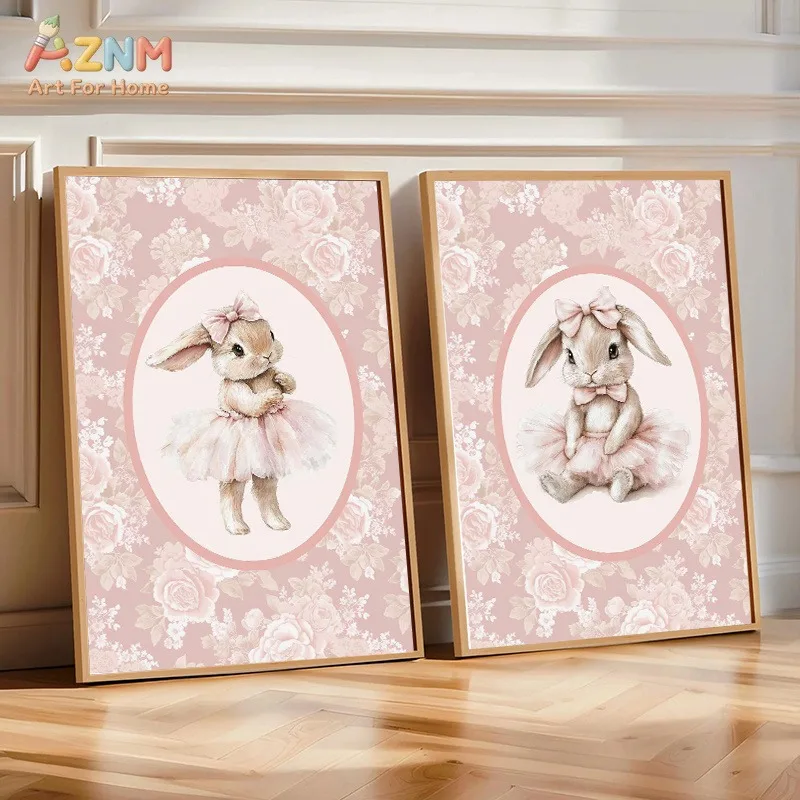 Pink Bunny Ballerina Ballet Shoes Bow Poster Canvas Painting Print Vintage Floral Girl Nursery Home Decor Cuadros