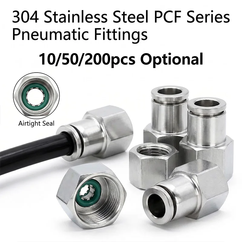 304 Stainless Steel PCF Female Thread Straight Pneumatic Connector Air Hose Fittings Quick Release Joint 10/50pcs PCF4/6/8/10/12