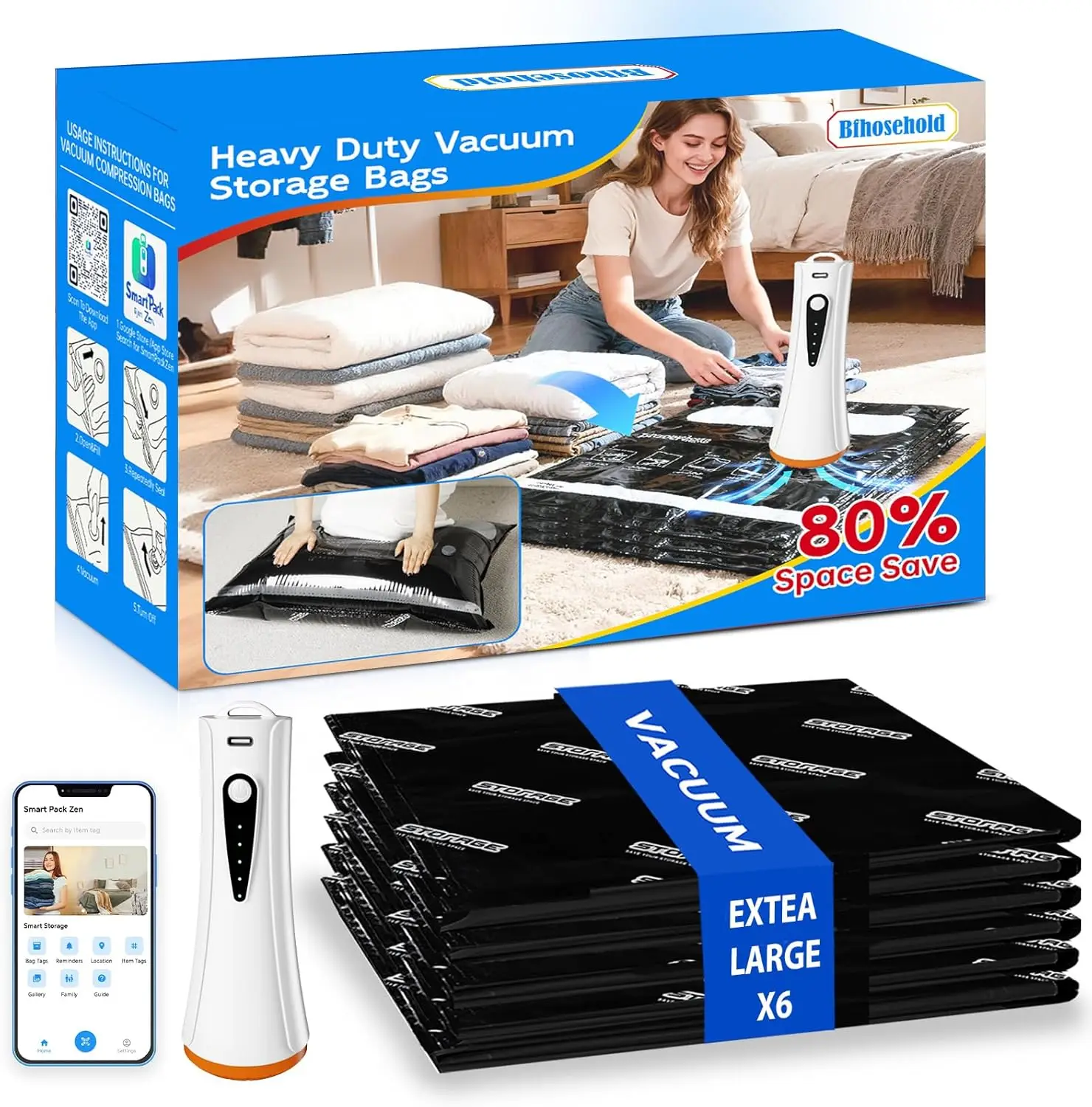 

Сверхбольшие вакуумные пакеты для хранения с электрическим насосом, набор из 6 штук для компрессии одежды и постельного белья