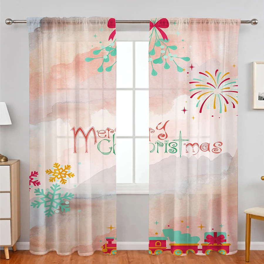 2PCS Sheer Curtains Pink Merry Christmas Firework Train Print, Window Voile Panels for Girls Bedroom Living Room Xmas Decor