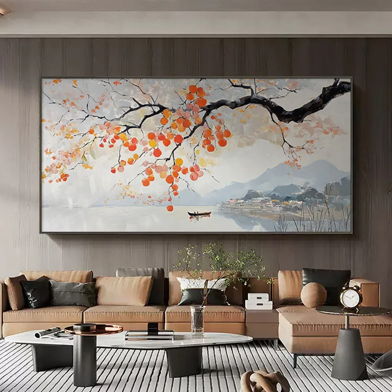 Pintados à mão, pintura a óleo, estilo chinês, sala de estar, sofá, parede de fundo