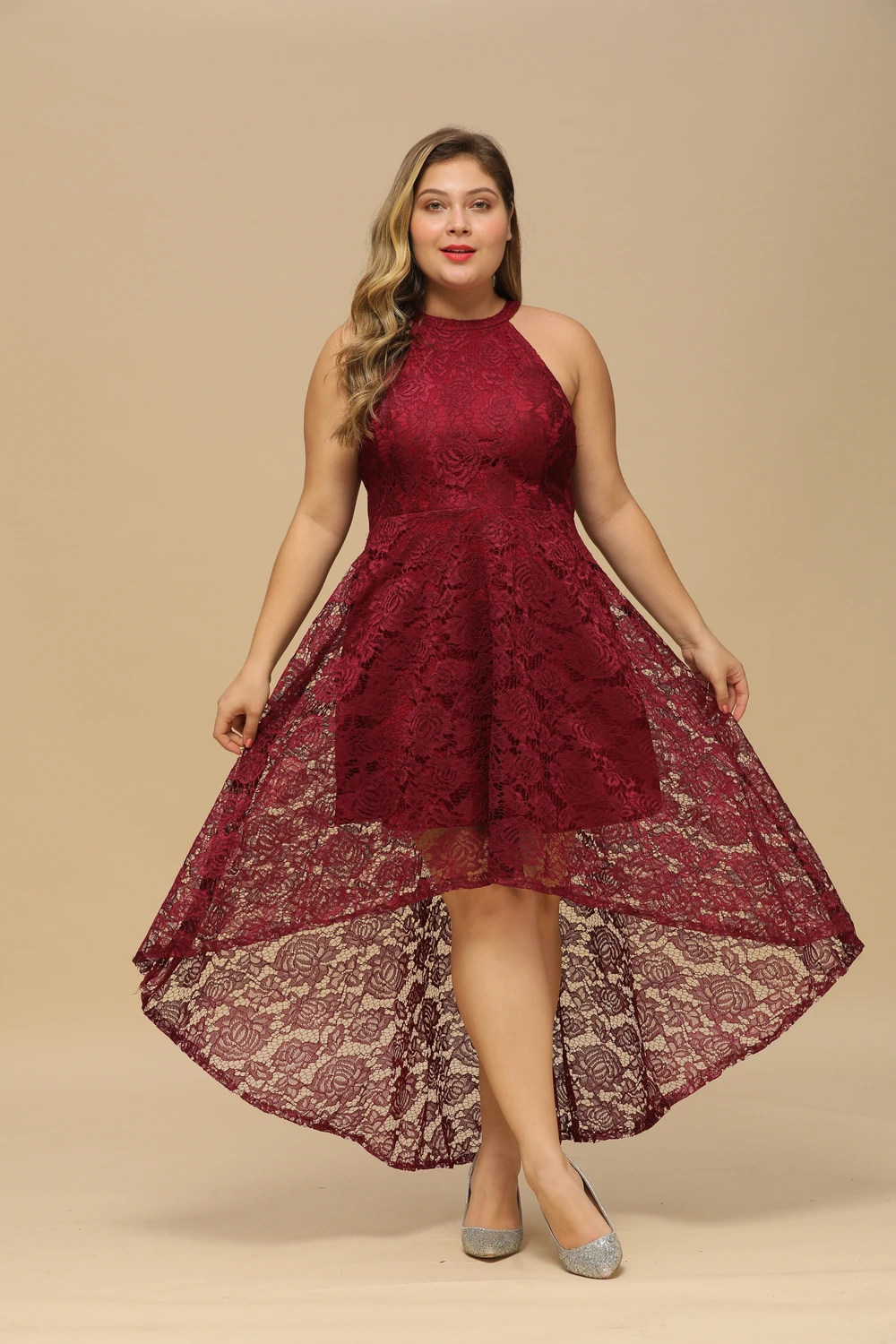

In Stock Plus Size Evening Dresses Elegant Burgundy Lace High Low Formal Party Prom Gowns Women Vestidos CPS1151