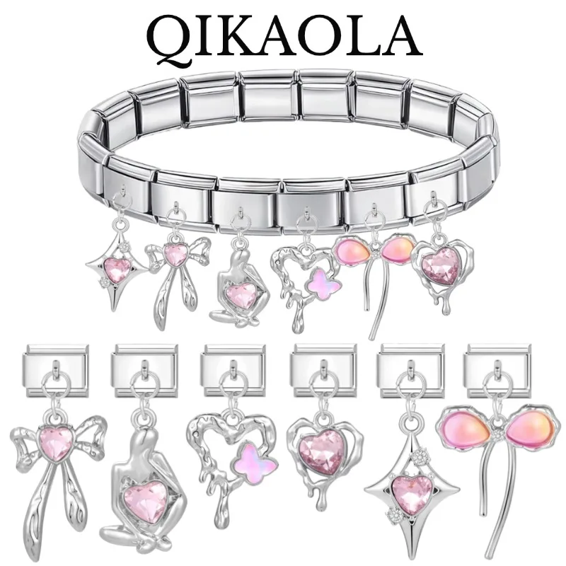 1pc Funkelnden Rosa Schleife Hohl Herz Schmetterling Italienischen Charms Fit 9mm Edelstahl Armband Diy Schmuck Machen Geschenk für Frauen