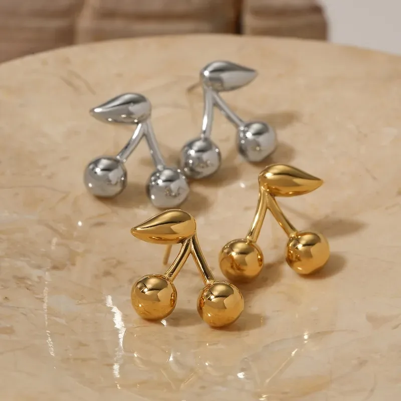 New Fashion Stainless Steel Metal Cherry Golden Stud Earrings for Women 18K PVD Plated Wholesale Waterproof Charm Jewelry Gifts