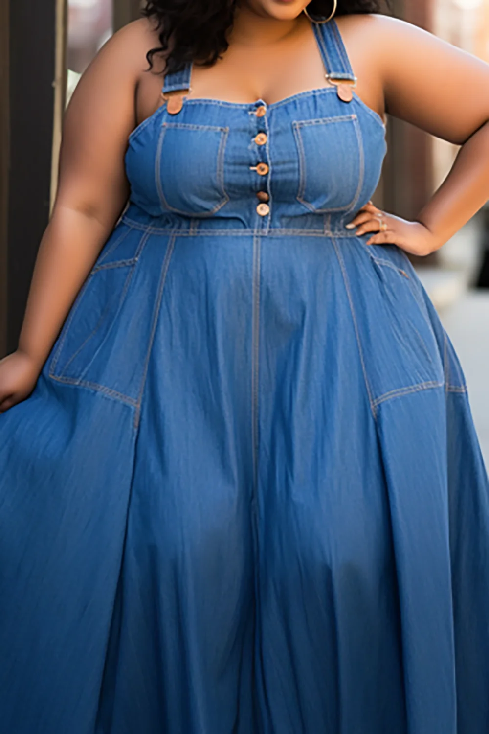 Plus Size 1XLl -5XL Denim Dress Daily Blue Button Overall Suspender Denim Skirt Casual Maxi Dresses For Women 2024