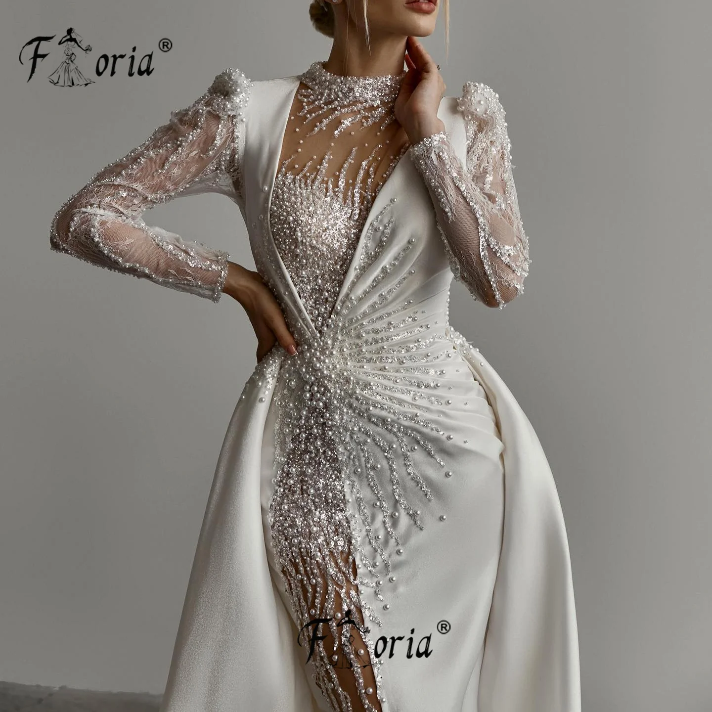 Luxo marfim pérolas frisado sereia vestido de evento de casamento com overskirt personalizado elegante dubai feminino formal vestidos de noite gala