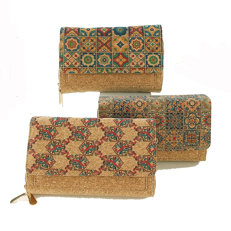 

5pcs Crossbody Bags Women Cork Leather Geometry Printing Double Zipper Flap Cover Long Wallet